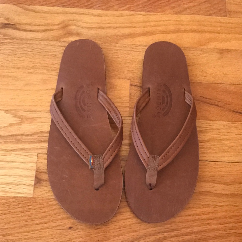 Rainbow Narrow Strap Leather Flip Flops